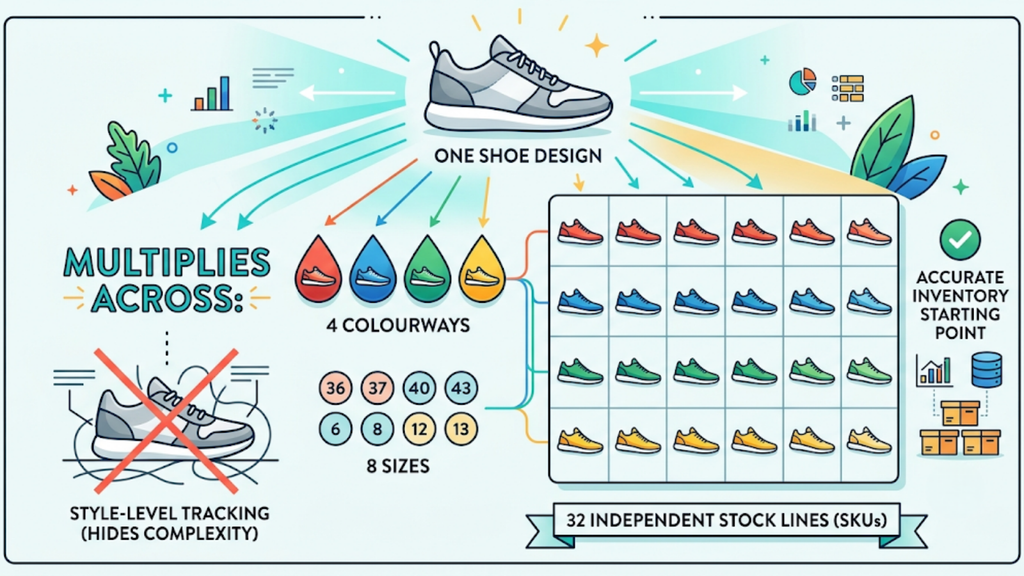 One footwear style split into 32 independent stock lines across four colours and eight sizes for accurate inventory tracking.