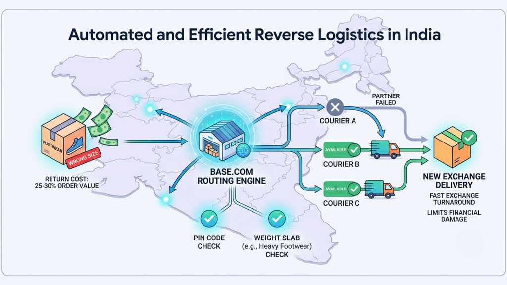 Reverse logistics workflow showing PIN-code checks, weight-based courier routing, delivery partners, and efficient exchange fulfilment.