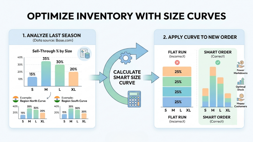 Size-curve planning using previous sales data to calculate demand by size and guide future purchase quantities.