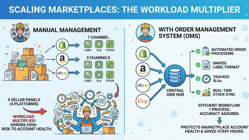 Variant-heavy inventory management showing size and colour SKUs synchronized across multiple ecommerce marketplaces
