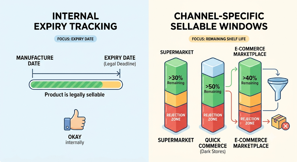 Batch traceability workflow linking product batches, expiry records, invoices, and shipments.