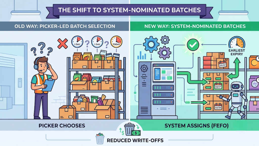 Batch data capture at goods inward and its role in connecting receiving, inventory, FEFO picking, shipping, and customer delivery.