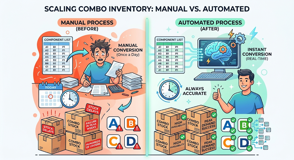 Three stages of bundle inventory maturity, from standalone combo SKUs to component-linked stock and automated availability.