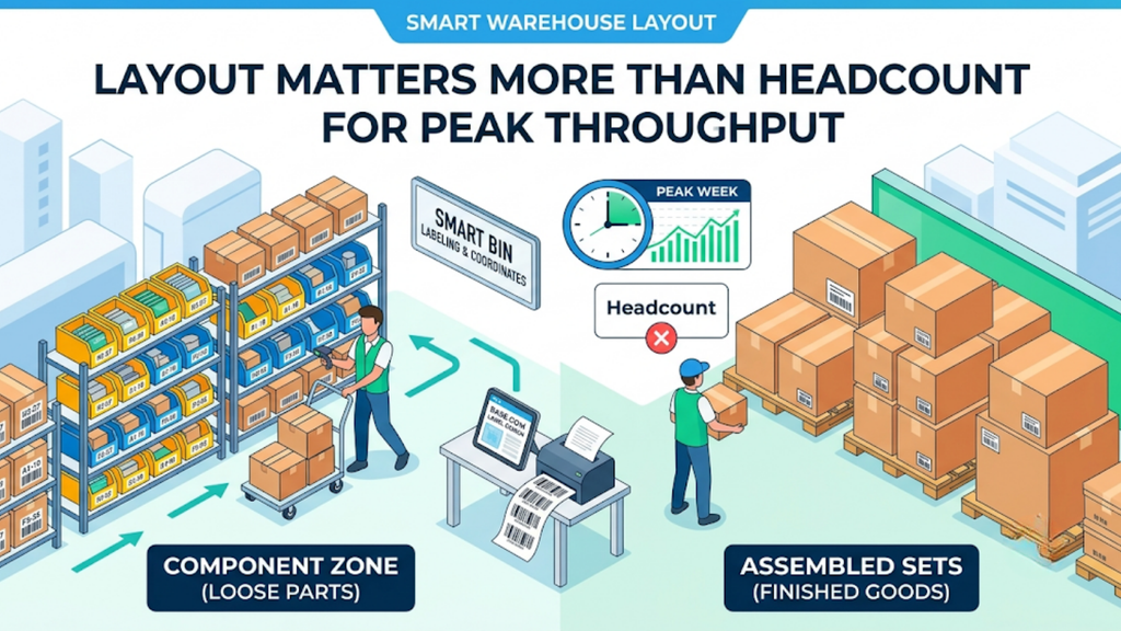 Smart supply chain management workflow connecting demand aggregation, purchase orders, goods-inward receiving, and stock verification.