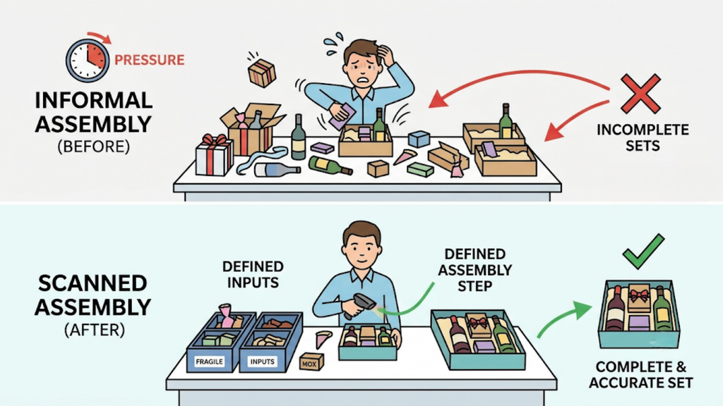 Automated bundle availability calculation using the lowest available component quantity to determine how many complete gift sets can be sold.