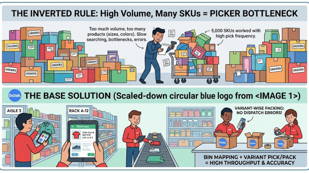 High-volume single-channel warehouse scenario showing SKU complexity, picker bottlenecks, bin mapping, and variant-based picking