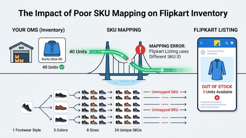 Flipkart listing reactivation workflow comparing blocked listings, stock-only reactivation, and listings requiring manual review.