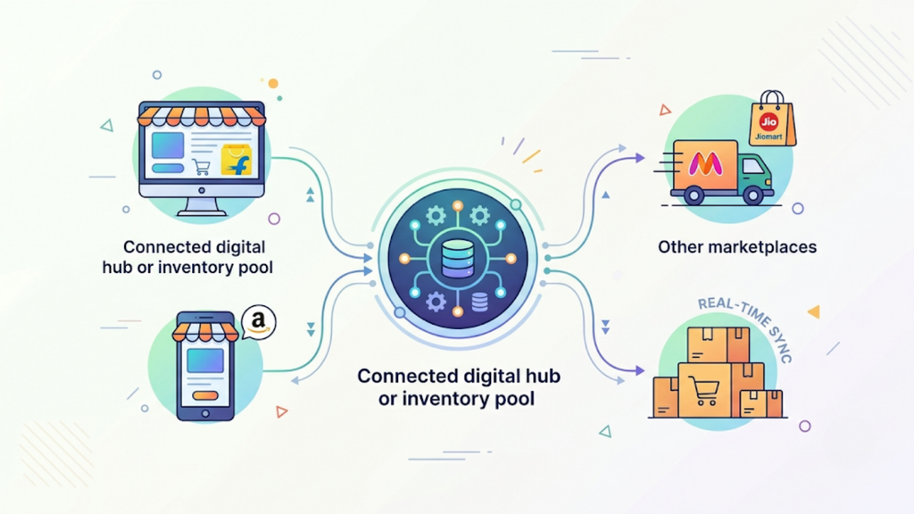 Six-step Flipkart Seller Hub diagnostic checklist covering buyer-facing messages, listing status, stock comparison, integration logs, SKU mapping, and shipping settings.