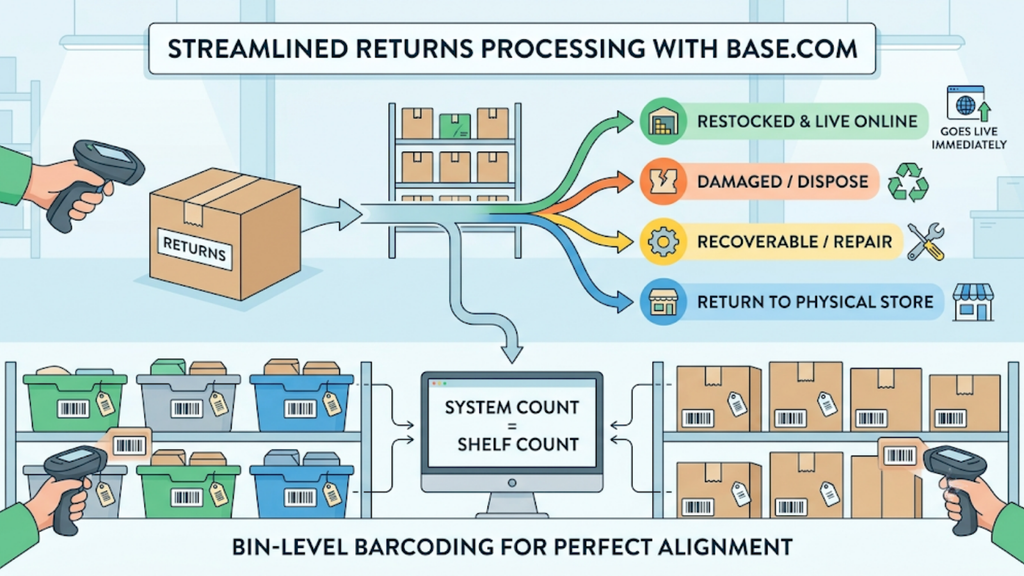 Multi-warehouse inventory visibility connecting a seller’s own warehouses with marketplace fulfilment centres and tracking internal stock transfers.