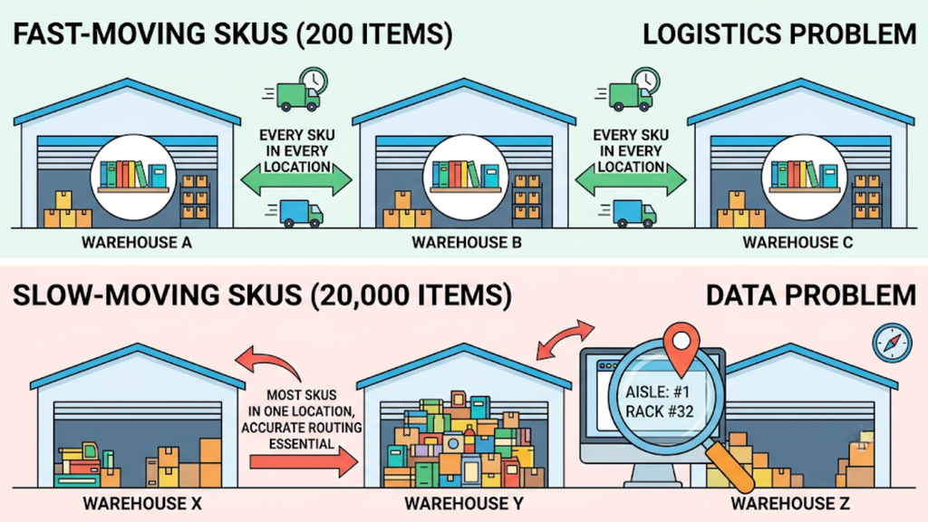 Comparison of fast-moving and slow-moving SKU catalogs across three warehouses, highlighting the different logistics and data challenges.