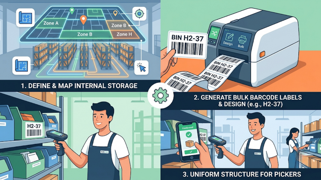 Warehouse location mapping and bin-level storage setup, with barcode label printing and standardised picking structures.