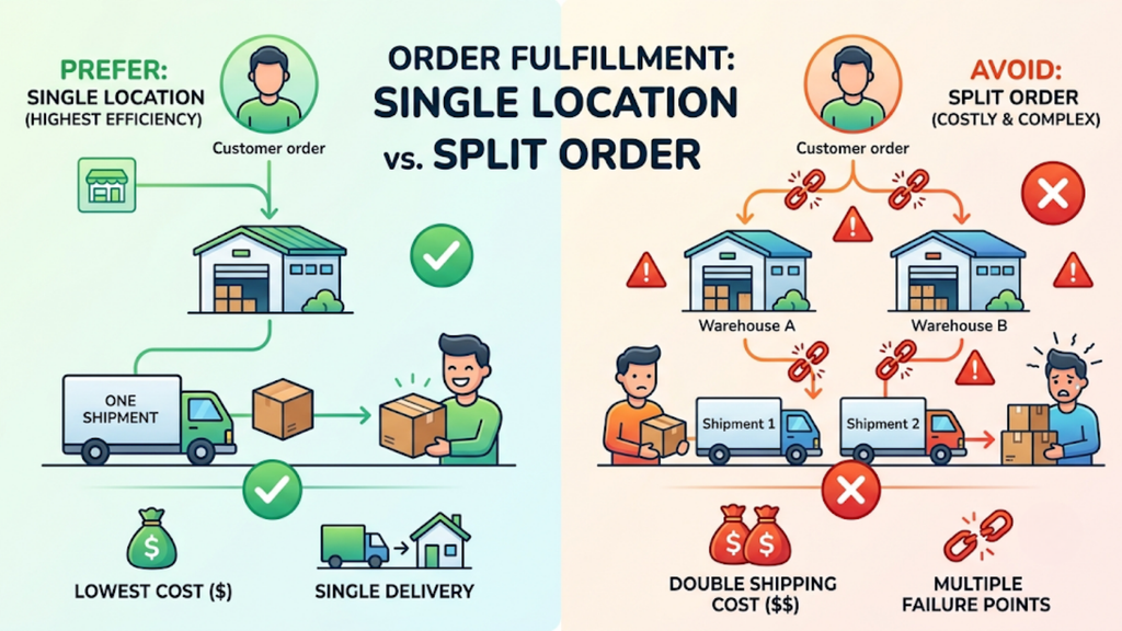 Order allocation based on stock depth, directing orders to a well-stocked warehouse while preserving limited inventory at other locations.