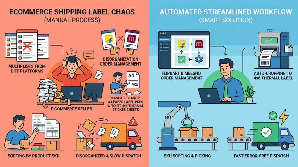 Manual versus automated shipping label processing, comparing separate marketplace downloads and manual sorting with a streamlined workflow for printing and dispatch.