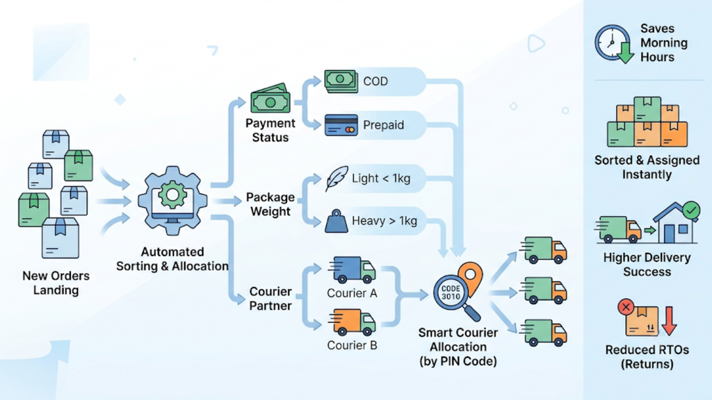 Automated order processing workflow covering payment status, packaging weight, courier allocation, PIN-code checks, and dispatch preparation.