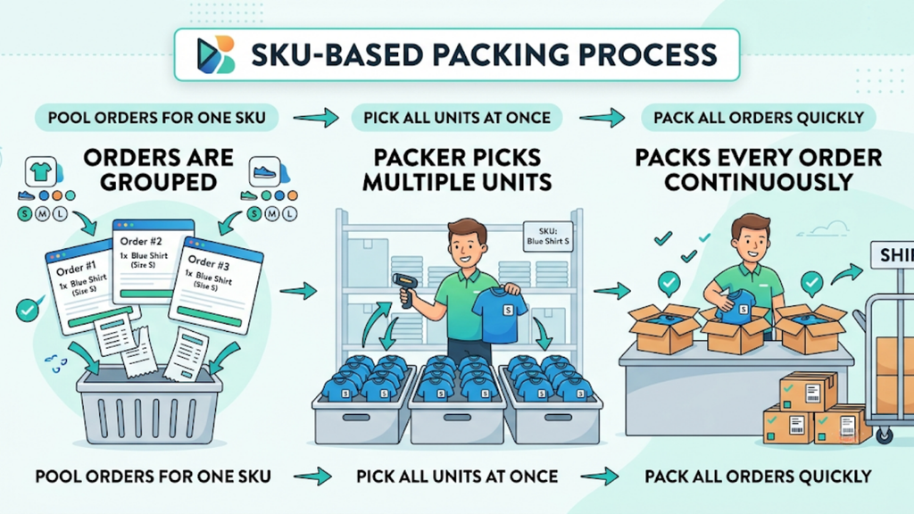 SKU-based packing process grouping orders by product so warehouse teams can pick matching items and pack multiple orders efficiently.