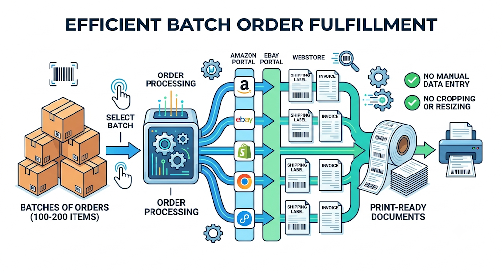 Bulk order fulfilment workflow showing order selection, batch processing, marketplace sorting, and print-ready shipping labels and invoices.