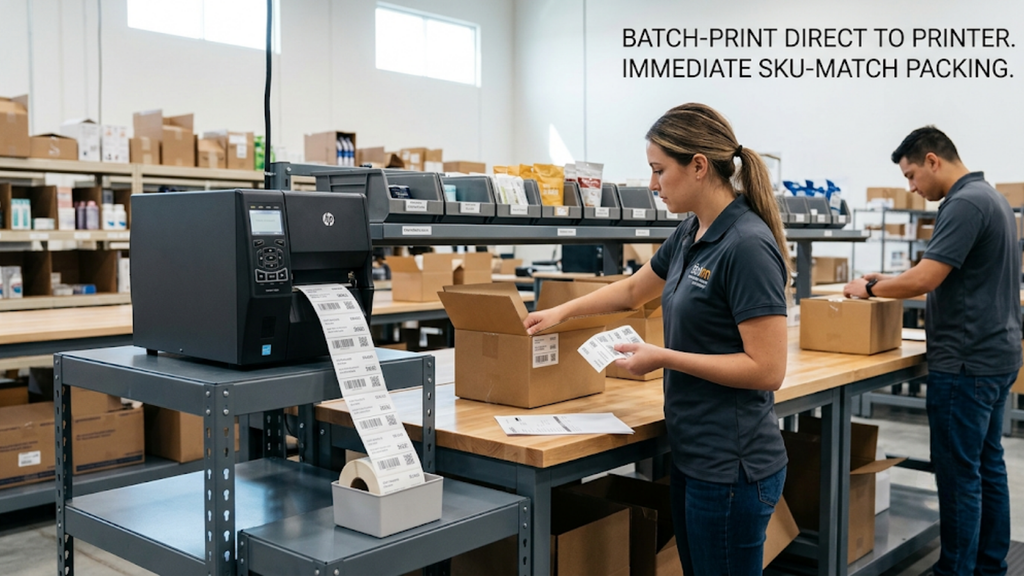 Warehouse team printing shipping labels directly beside packed parcels to support SKU-matched packing and faster dispatch. 