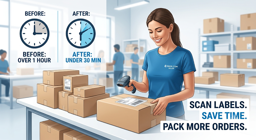 Barcode scanning at the packing station, comparing manual label processing with a faster scan-and-pack workflow for ecommerce orders.