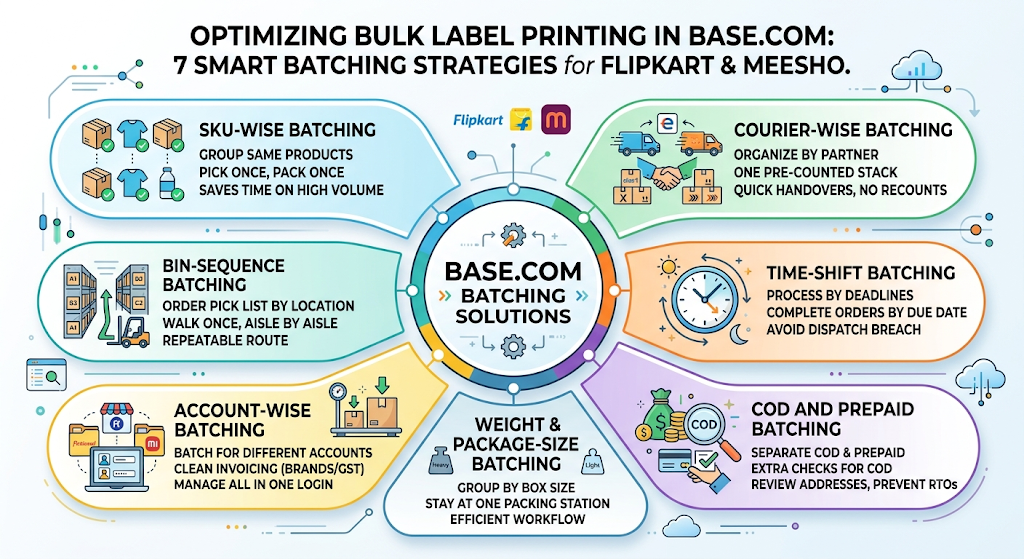Seven bulk label printing strategies for Flipkart and Meesho, including SKU-wise, courier-wise, time-shift, account-wise, weight-based, and COD versus prepaid batching.
