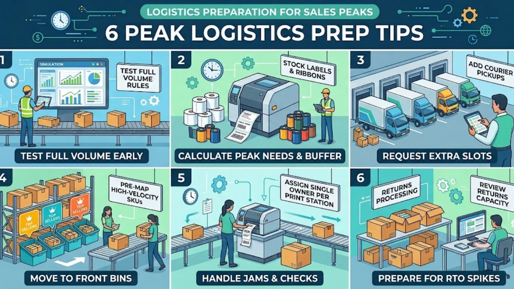 Six warehouse logistics preparation tips for sale events, covering batch testing, label supplies, extra courier pickups, front-bin placement, printer checks, and returns readiness.