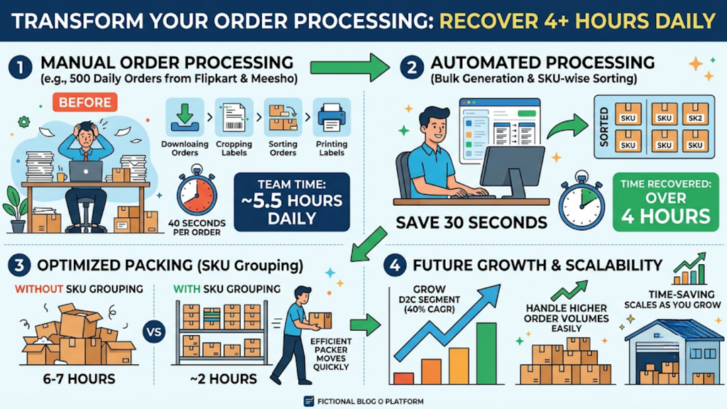 Four-step comparison of manual and automated order processing, showing time saved through bulk label generation, SKU-wise packing, and improved warehouse productivity.