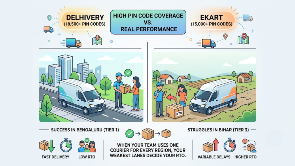 Illustration comparing courier serviceability and delivery performance in Bengaluru and Tier 3 areas, highlighting why local courier selection matters.