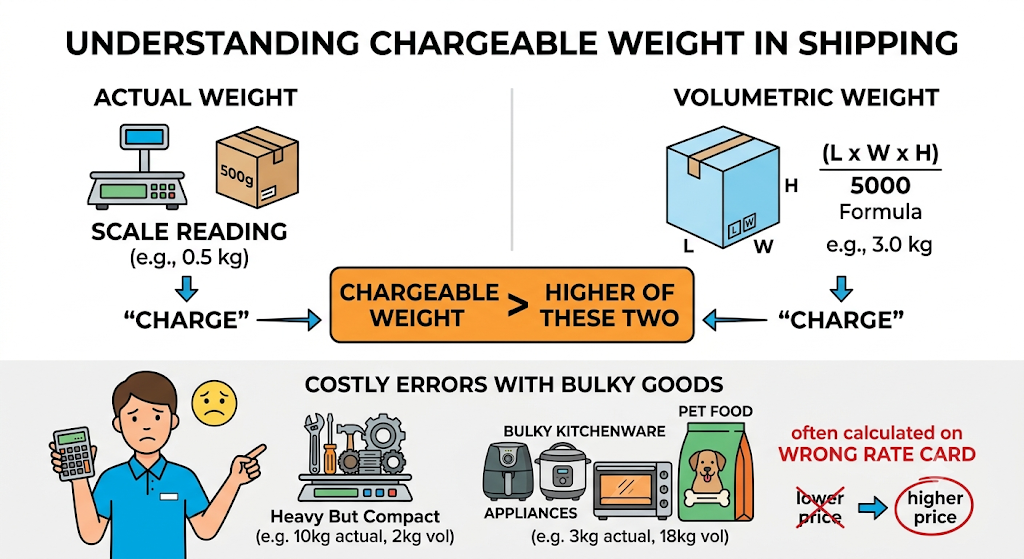 Diagram explaining chargeable shipping weight by comparing actual weight with volumetric weight and showing how bulky parcels can increase freight costs.