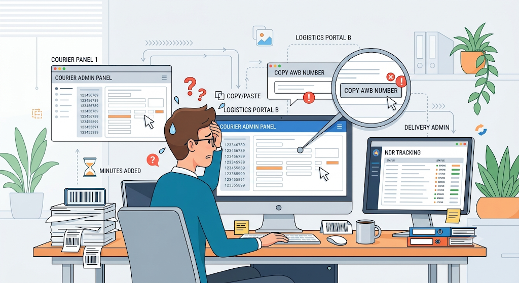 Illustration of an operations worker switching between courier and logistics portals, highlighting the delays and errors caused by manual courier allocation.