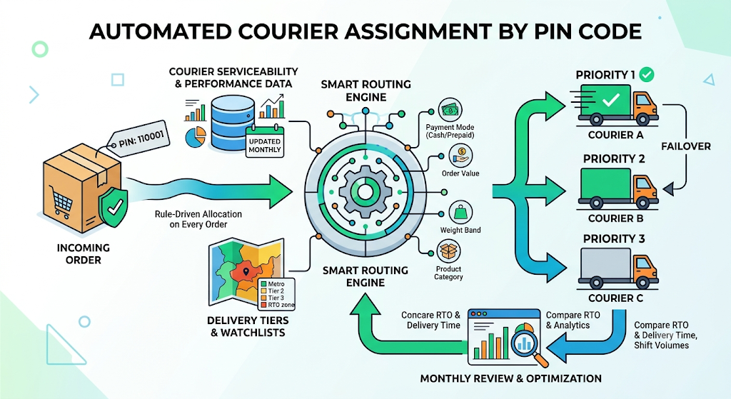 Workflow diagram showing automated PIN-code-based courier assignment through serviceability checks, smart routing, priority couriers, failover, and monthly performance review.