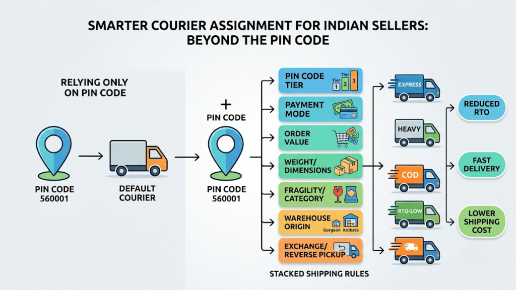 Comparison diagram showing how PIN-code tiers, payment mode, order value, weight, product category, warehouse origin, and reverse pickup improve courier selection.