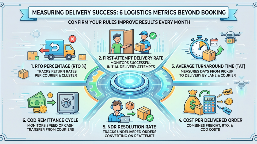 Comparison diagram showing how PIN-code tiers, payment mode, order value, weight, product category, warehouse origin, and reverse pickup improve courier selection.