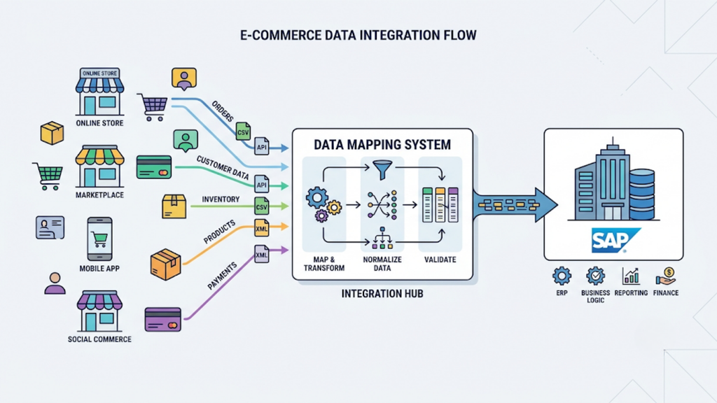 Diagram showing ecommerce orders, inventory, product, customer, and payment data flowing into SAP.