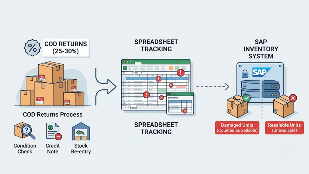 Workflow showing how COD returns are tracked, inspected, and updated in SAP inventory.