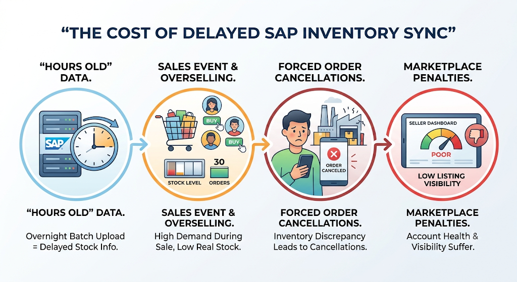 Infographic showing how delayed inventory synchronisation can cause overselling, order cancellations, and marketplace penalties.