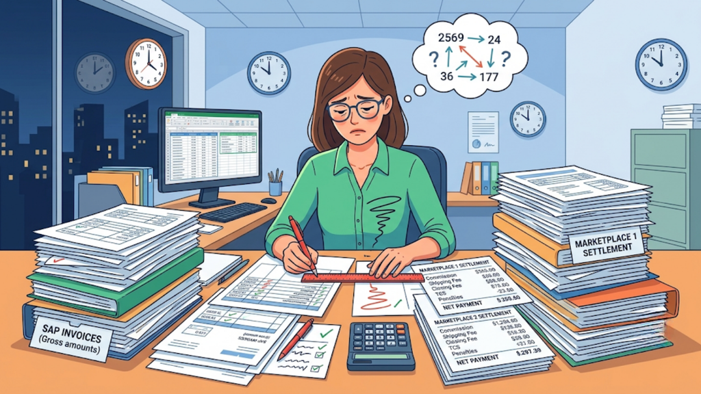 Illustration of an ecommerce finance professional reconciling SAP invoices and marketplace settlements.