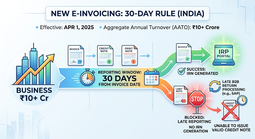 Infographic explaining India's 30-day e-invoicing reporting window and invoice submission process.