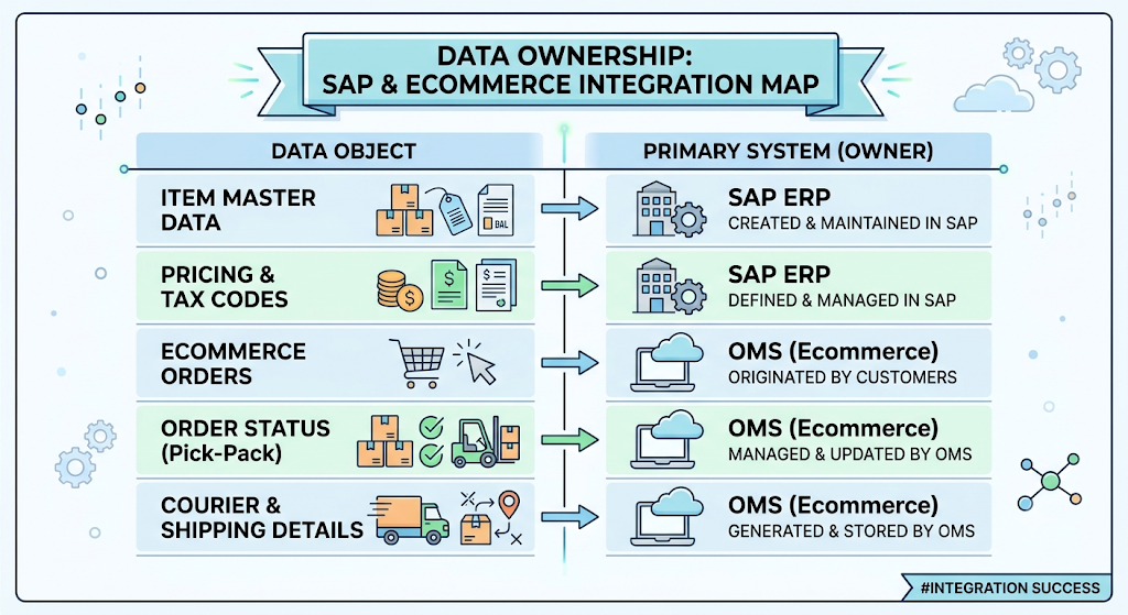 Diagram showing how ecommerce channels and SAP manage product data, pricing, tax codes, orders, and courier details.