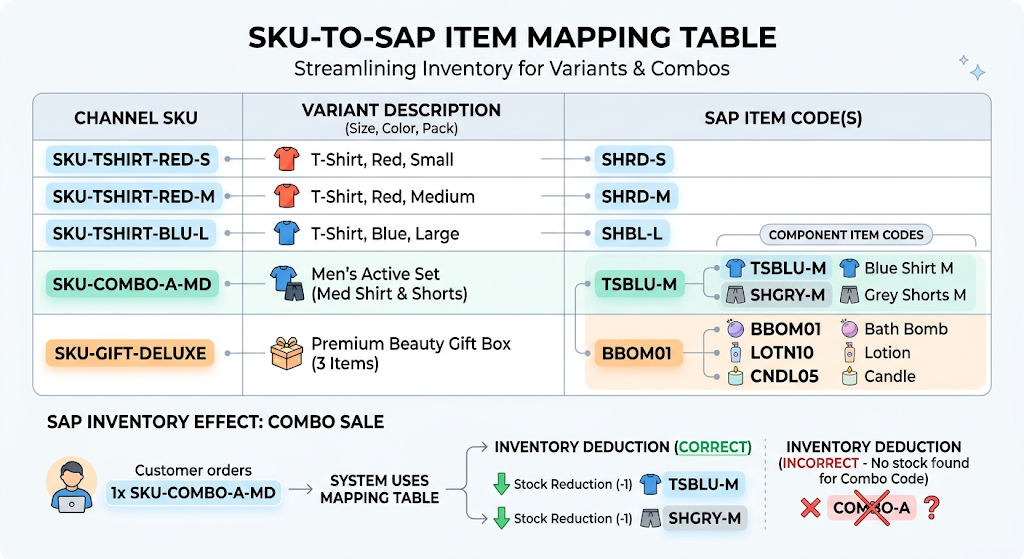 SKU mapping table showing how marketplace product variants and bundles match SAP item codes.