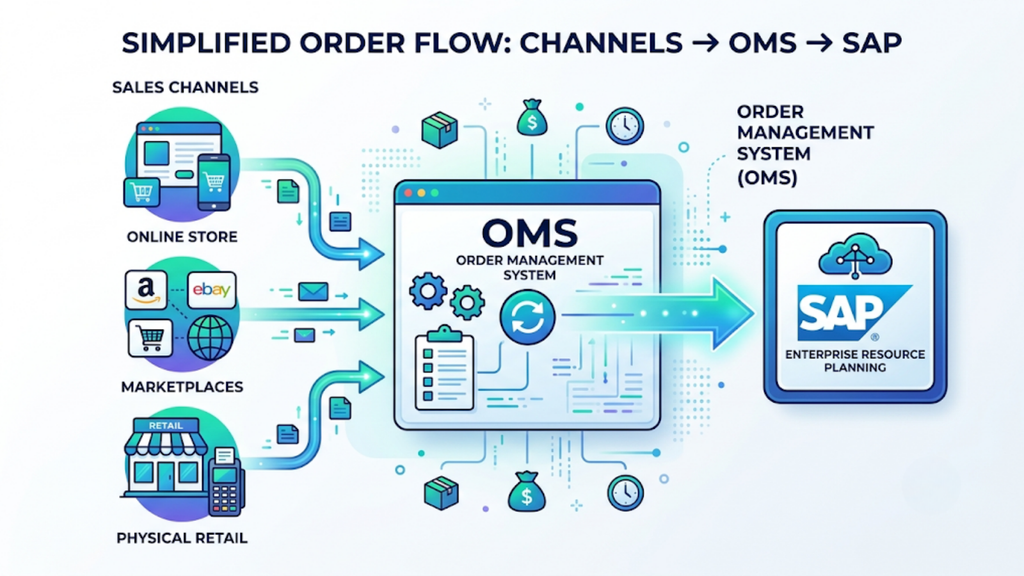Diagram showing online stores, marketplaces, and offline sales channels sending orders to a central order management system.