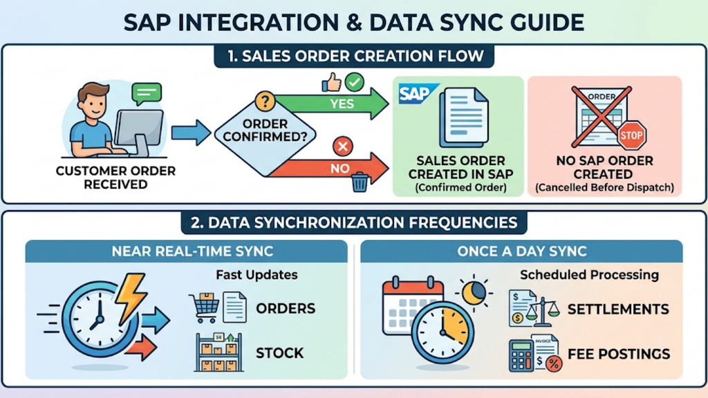 SAP integration infographic showing sales order creation, stock synchronisation, and settlement and fee processing.