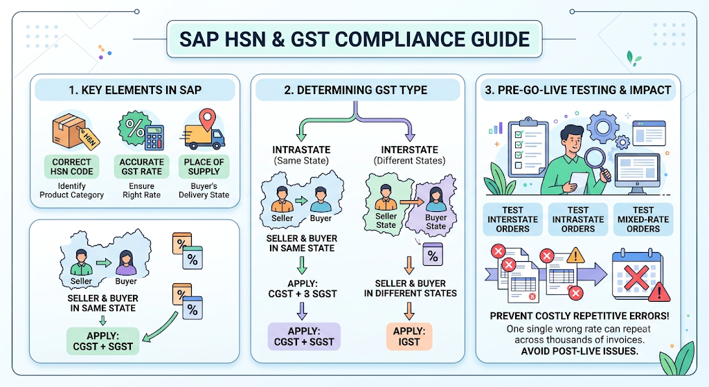 Infographic explaining SAP HSN codes, GST rates, place of supply, and interstate and intrastate tax treatment.