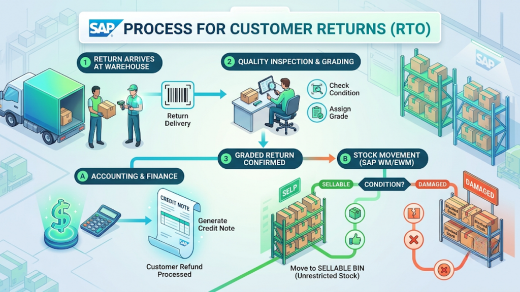 Workflow showing customer returns and RTO processing, including inspection, credit notes, and sellable or damaged stock.