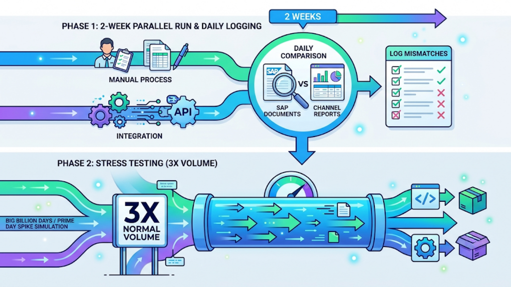 Diagram showing ecommerce integration testing through a two-week parallel run and stress testing at three times normal order volume.