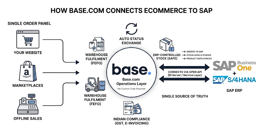 Diagram showing Base.com connecting ecommerce channels and warehouse operations with SAP Business One and SAP S/4HANA.