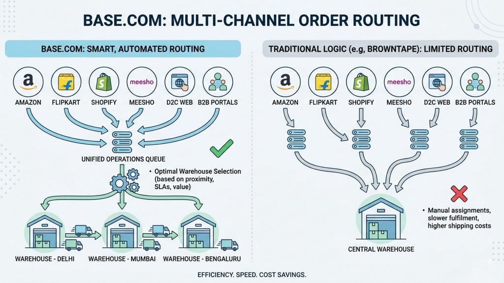 Base.com and Browntape feature comparison across OMS, WMS, inventory allocation, returns, COD reconciliation, reporting, and integrations