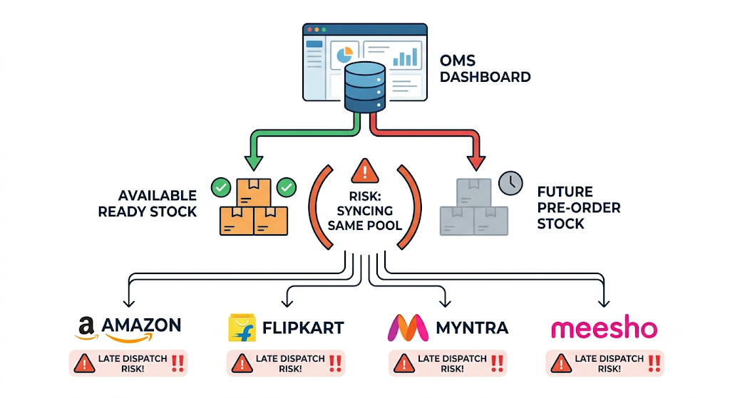 Marketplace inventory synchronization showing phantom pre-order stock reaching Amazon, Flipkart, Myntra, and Meesho before products are ready