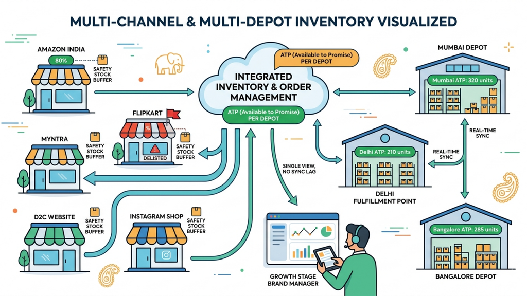 Warehouse management operation with workers handling inventory across organized storage racks and fulfillment areas
