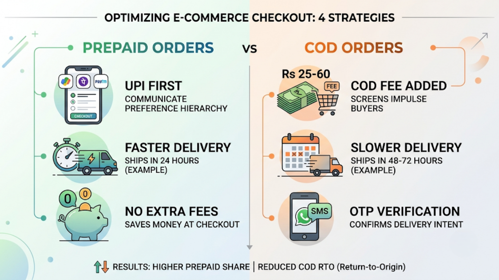 Infographic comparing prepaid and COD checkout options, including payment methods, delivery speed, extra fees, and OTP verification.