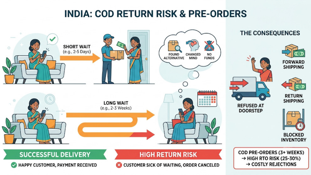 COD pre-order risk comparison showing how longer delivery waits can increase refusals, return shipping costs, and blocked inventory