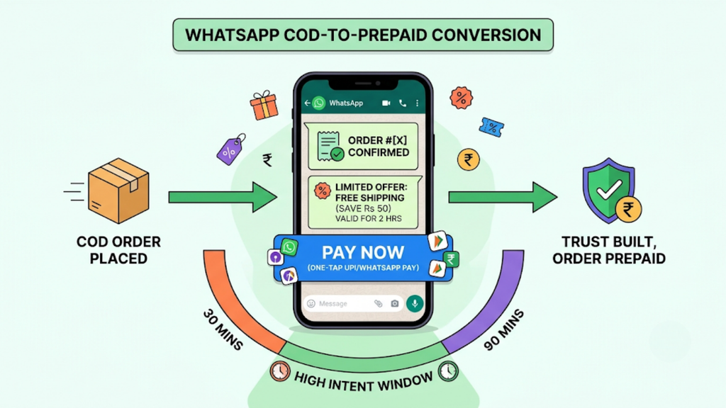 Diagram showing a WhatsApp post-order message offering a prepaid payment option and an incentive to convert a COD order.